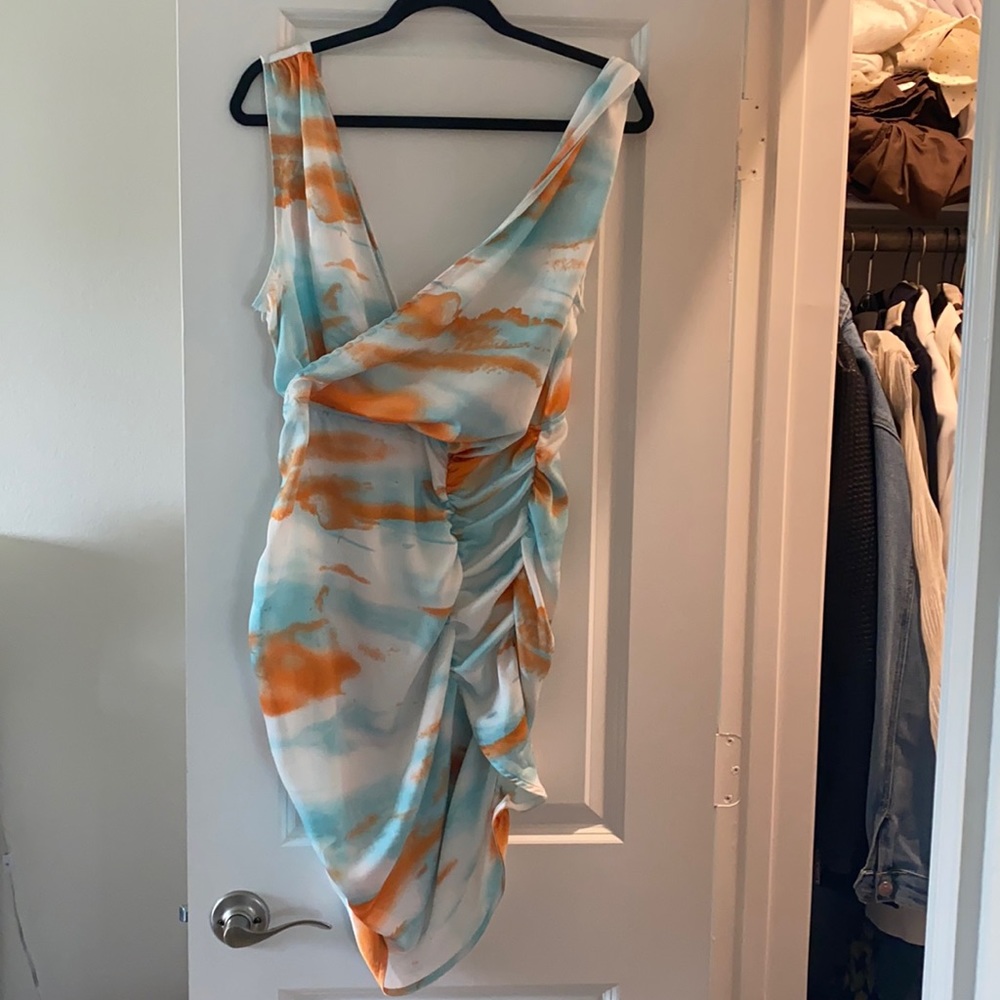 Multi tie dye satin wrapped ruched dress.